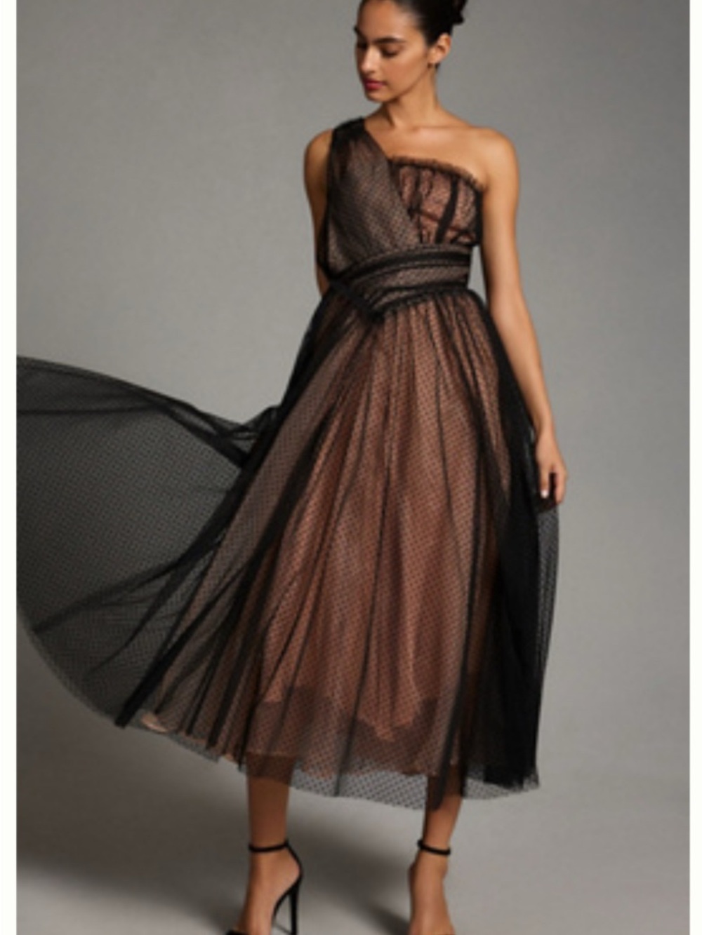 Anthropologie Black One-Shoulder Polka Dot Tulle Midi Dress